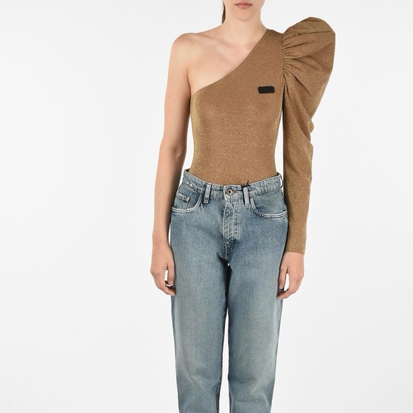 GCDS 70’s Gold Glitter One-Shoulder Bodysuit - Picture 3 of 8